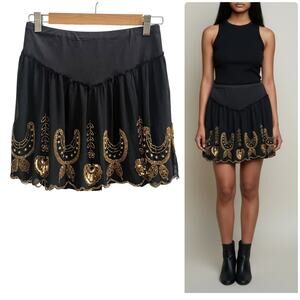 Vintage Free People Black Gold Bead Sequence Chiffon Overlay Mini Skirt Small